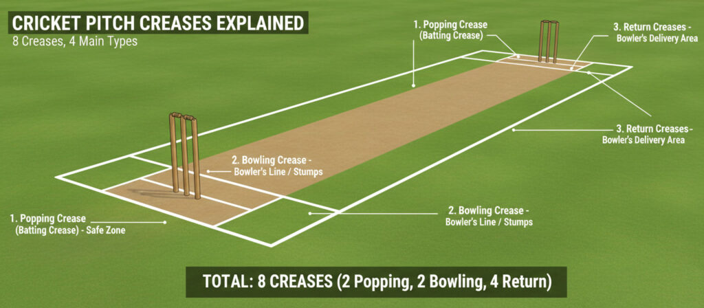 🏏 How Many Creases Are There in Cricket? Explained with Types & Uses 8 Creases 1 🏏 How Many Creases Are There in Cricket? Explained with Types & Uses 8 Creases